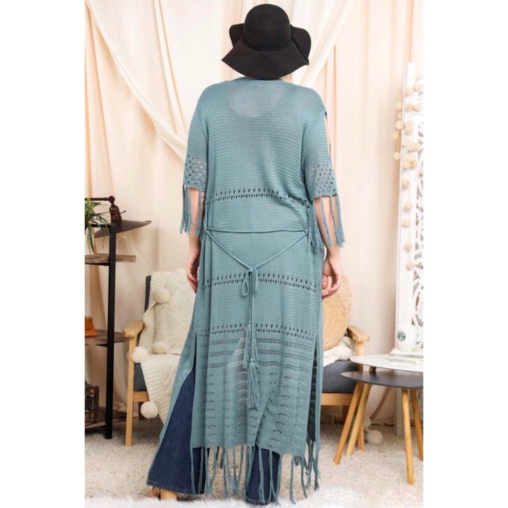 DAVI & DANI Blue Sage Half Sleeve Solid Color Cardigan with Fringe - Picture 4 of 7
